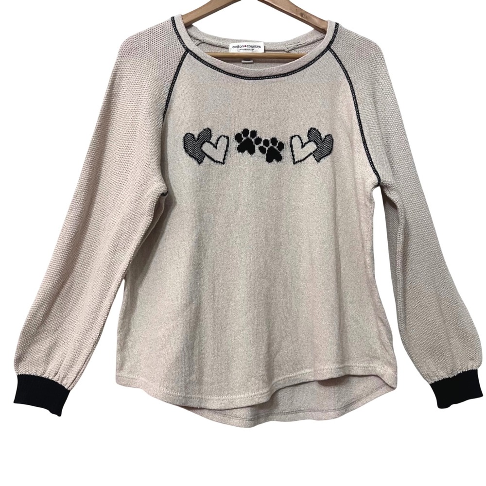 Cotton Country‎ Parkhurst Womens M Beige Hearts Paw Print Crew Neck Sweater